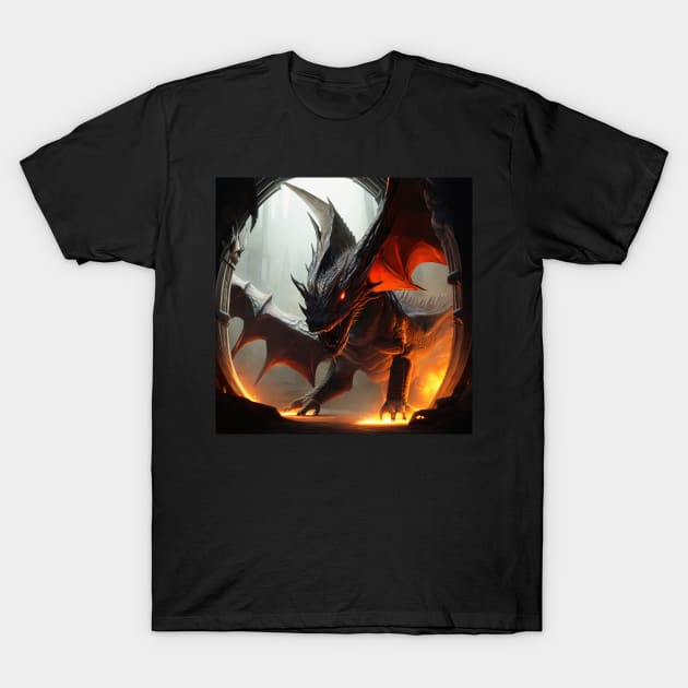 Evil Black Dragon with Wings surrounded by Fire in a Cave T-Shirt by dragynrain